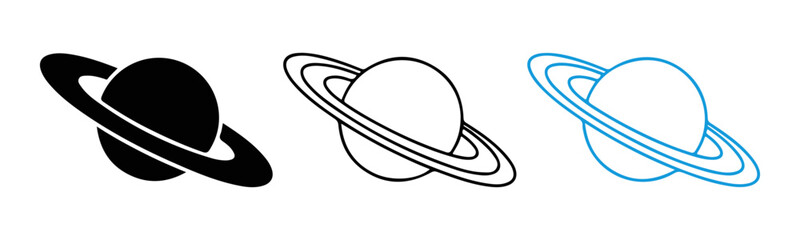 Saturn planet icons set with solid and outlined ring designs in black and blue for space education. © Saimul