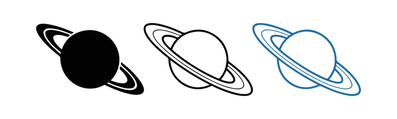 Saturn planet icons set with solid and outlined ring designs in black and blue for space education. © Saimul