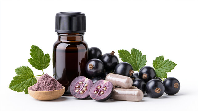 Black Currant Herbal Capsules with Fresh Berries Isolated on White Background