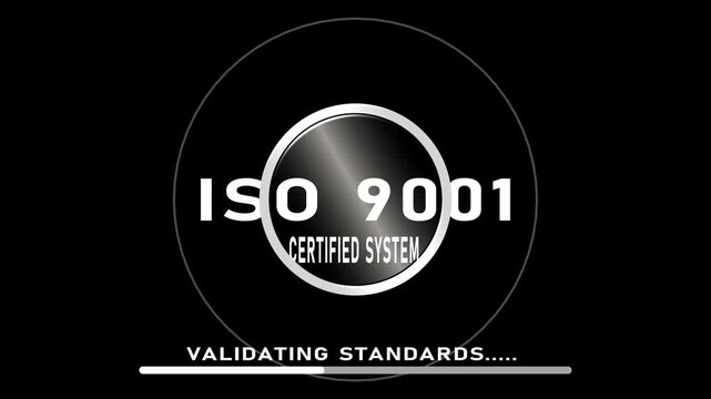 ISO 9001 certified system badge with concentric circular rings and validating standards concept for quality management, compliance certification, and process standardization, seamless looping video