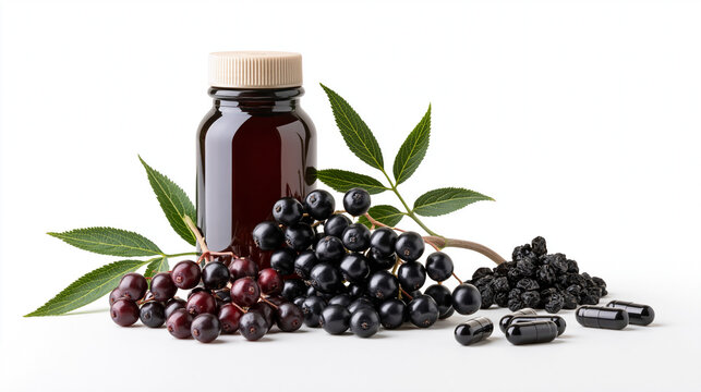 Elderberry Herbal Capsules with Fresh Berries Isolated on White Background