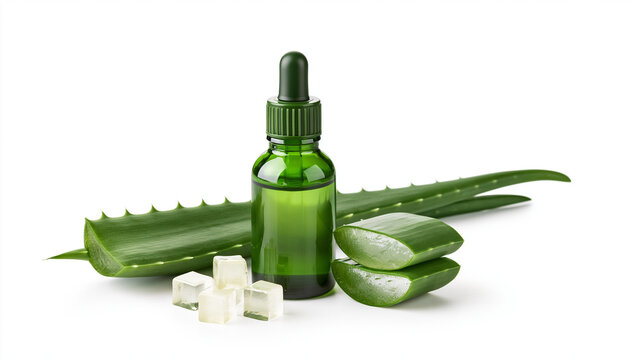 Aloe Vera Herbal Extract with Fresh Leaves Isolated on White Background