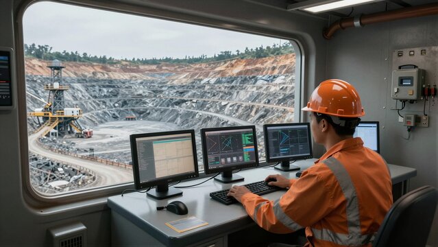 A mining engineer monitors and controls heavy machinery operations from a remote control cabin overlooking an open-pit mine.