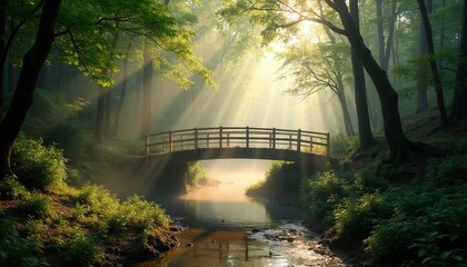 Naklejka premium Wooden footbridge crosses small stream in rich green forest during early morning hours. Golden sunlight filters through dense tree canopy creating bright rays, atmospheric mist over calm water.