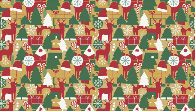 Seamless holiday pattern with festive red reindeer, pine trees, Christmas presents, snowflakes, and Santa hats.