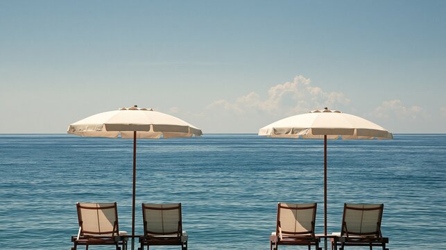 Two beige beach umbrellas and four empty lounge chairs facing calm deep blue ocean water under clear light blue sky with soft white cloud on quiet sunny day