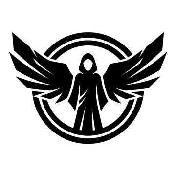 Angel figure with wings in black silhouette standing inside circular symbol
