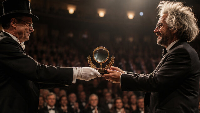 Two men in formal attire presenting a humorous science award trophy on stage. Quirky research recognition ceremony celebrating creativity, curiosity, and unconventional discovery.
