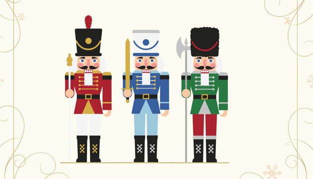 Classic Christmas nutcracker soldiers wearing red, blue, and green military uniforms standing in a festive row.