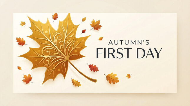 Autumn's first day, golden maple leaf illustration, fall season decor, warm orange vector graphic, elegant seasonal greeting