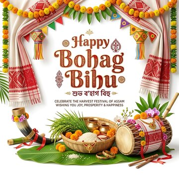 Happy Bohag Bihu Festival Greeting Card with Traditional Assamese Cultural Elements