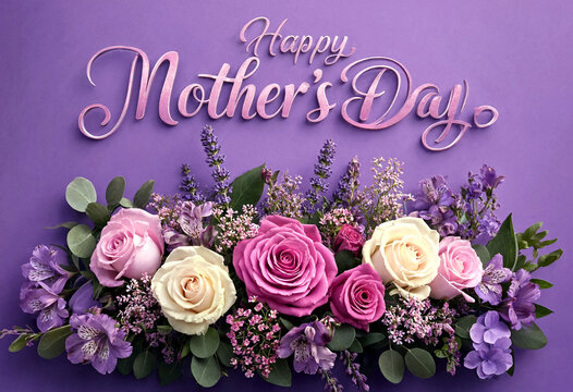 Beautiful floral arrangement with roses and lavender for happy mothers day celebration greeting card design