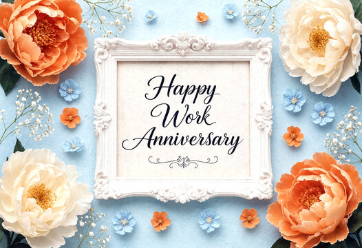 Beautiful floral frame with happy work anniversary greeting and elegant flowers arrangement design