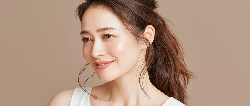 日本人, 女性, 50代, 40代, ミドル, シニア, 美容, スキンケア, エイジングケア, 健康, ライフスタイル, 美人, ナチュラル, 清潔感, 透明感, 白背景, コピースペース, 広告素材, 信頼感, 微笑み, ウェルビーイング, 上半身, 視線, ポニーテール, 化粧品, エステ, 自己肯定感, オーセンティック, ポジティブエイジング, 日本, ウェルエイジング, サプリメント,