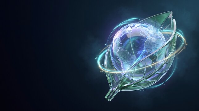 Futuristic holographic eco leaf renewable energy digital wireframe planet concept illustration with sci fi renewable hologram wireframe futuristic technology