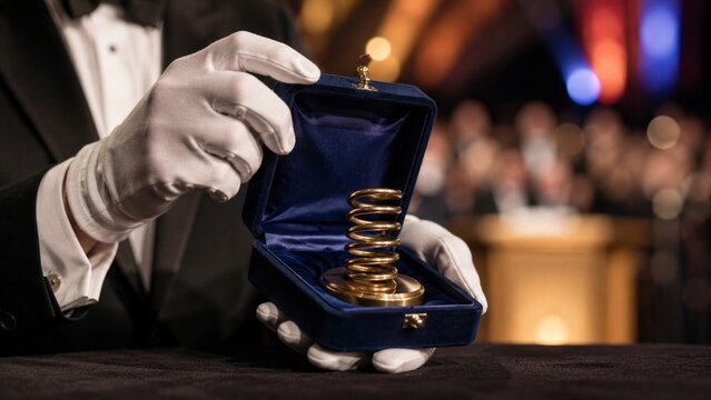 Person in white gloves presenting a spring trophy in a velvet case at an unusual scientific awards ceremony. Quirky achievement, humorous research, innovation and recognition concept.