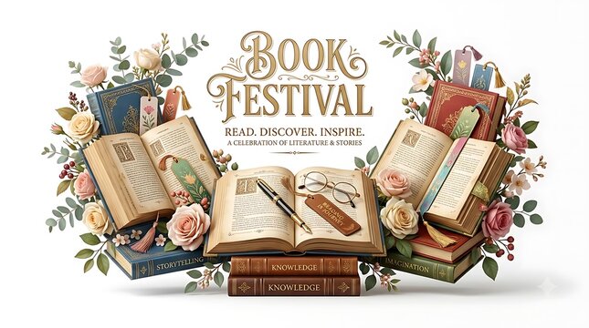 Book Festival poster with open vintage books and floral decorations on white background