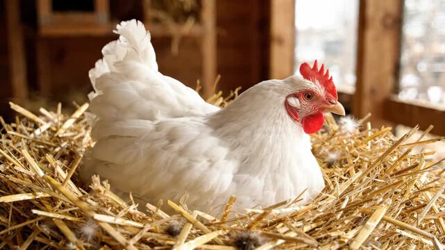 White chicken hen farm straw nest poultry rural barn agriculture nesting egg bird livestock feather beak comb wattles domestic animal countryside hay