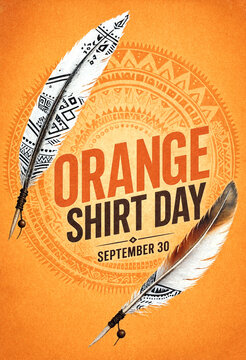 Colorful orange shirt day poster with decorative feathers and tribal patterns celebration event design