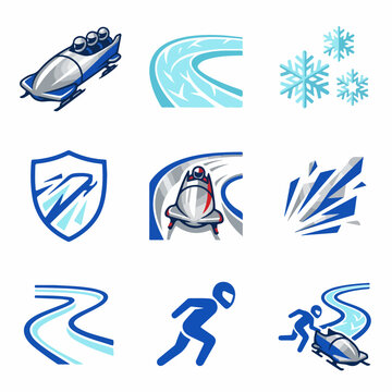 Winter sports icons collection with bobsled and skiing.