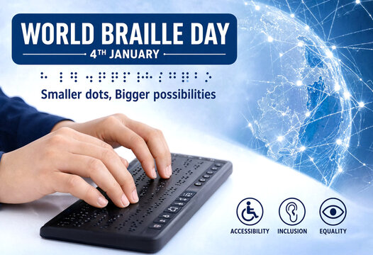 Hands typing on a braille keyboard for world braille day celebration and digital accessibility concept