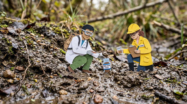Scientists collect water samples from a muddy stream to perform an analysis of local water quality.
