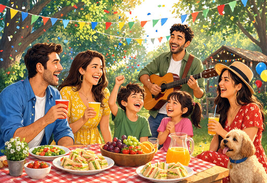 Happy family enjoying an outdoor picnic with music food and laughter in a garden party setting