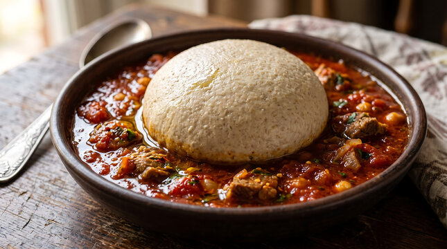 Traditional Libyan Bazin Steamed Barley Dough Dome in Rich Spiced Lamb Stew Close-Up