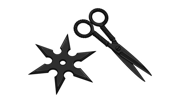 Scissors and Shuriken Icon Set, Sharp Weapon Illustration, Black Outline Design, Vector Graphic, Creative Concept.