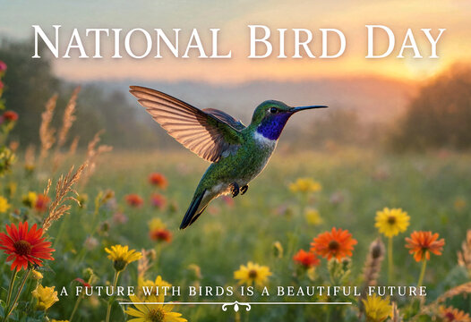 Vibrant hummingbird hovering over colorful wildflowers during golden sunset on national bird day celebration