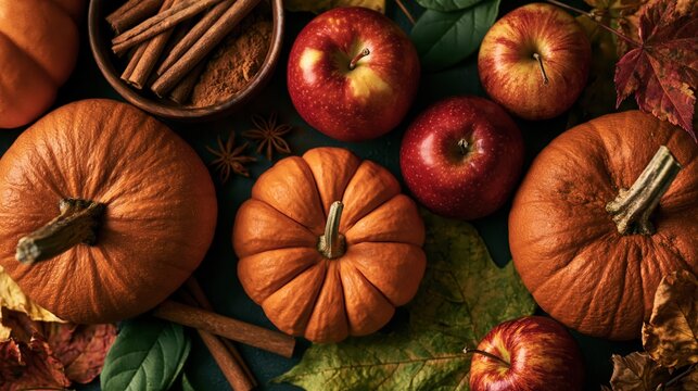 Autumn harvest arrangement with pumpkins apples cinnamon sticks and colorful leaves during golden hour light