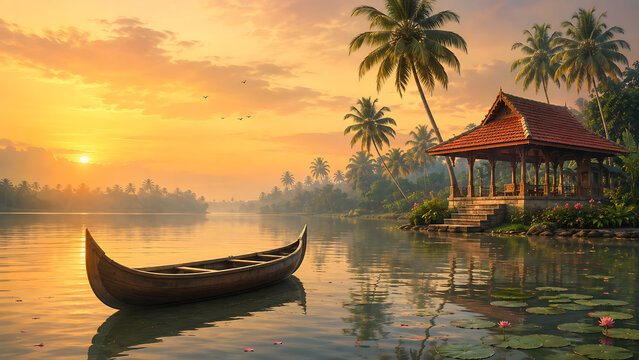 Peaceful sunset river scene with empty wooden boat and beautiful pavilion for happy onam greeting background showing south indian festival in kerala