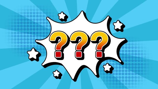 Question mark text word lettering popup comic cartoon reveal with bomb and smoke explosion manga anime book page dots with radial speed lines doodle sky blue background with seamless loop animation