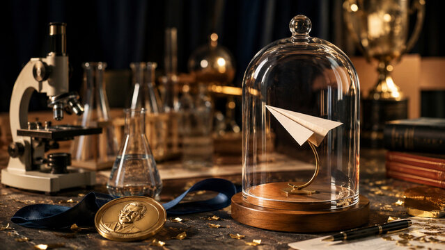 Paper airplane trophy beneath a glass dome with scientific laboratory equipment and medal, symbolizing humorous innovation, unconventional research, and recognition of improbable scientific discovery