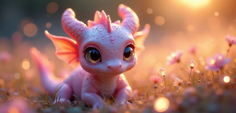 Small pink baby dragon sits in blooming meadow field. Cute mythical creature large shiny eyes with soft glow light around. Fantasy character rests among flowers during sunset. Magical animal looks