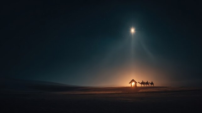 A serene Nativity scene unfolds under a radiant star. ..Created with Generative AI, not depicting real subjects.