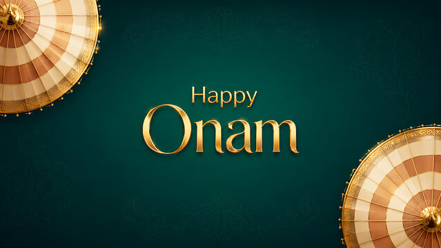 Elegant dark green festive background featuring traditional golden umbrellas designed for greeting happy onam a very popular south indian festival in kerala