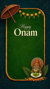 Beautiful vertical background adorned with a colorful kathakali mask and floral garlands for happy onam the beloved south indian festival in kerala
