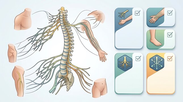 Human Nervous System and Spinal Cord Anatomy Diagram with Diagnostic Infographic Elements