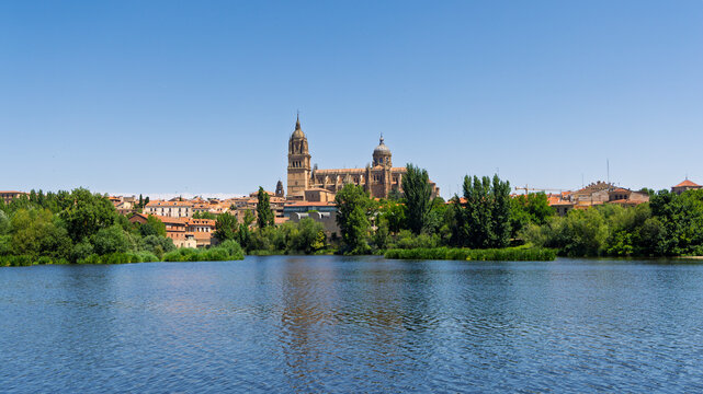 panoramic view of salamanca cathedral and tormes river in spain