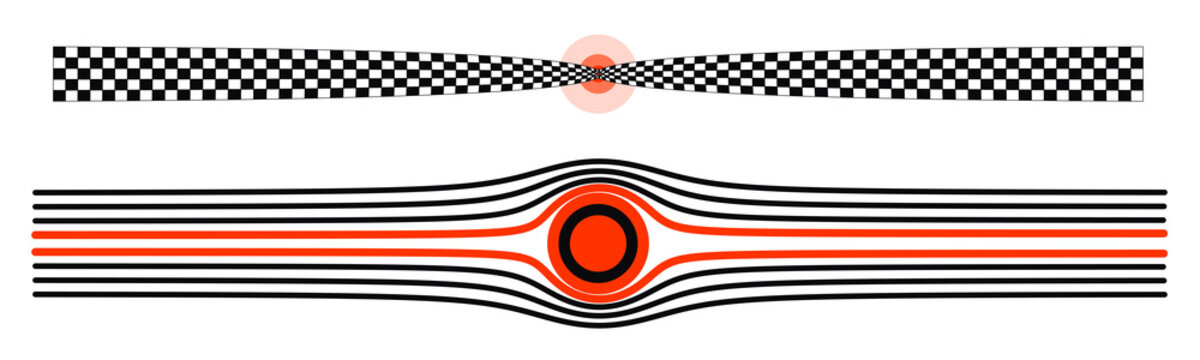 Abstract geometric conceptual illustration of spacetime curvature, gravitational lensing, and light path distortion with checkered patterns and red spheres isolated on transparent background