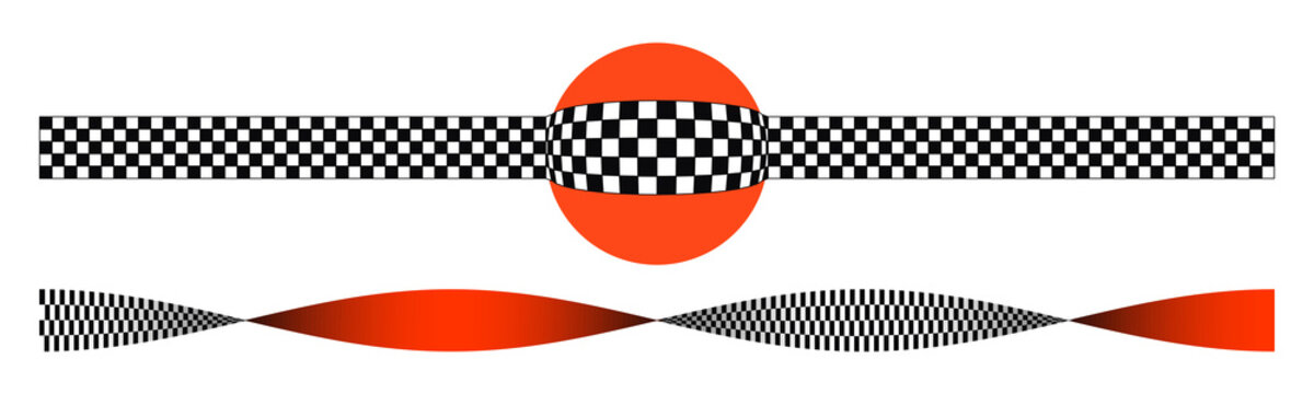 Conceptual illustration of spacetime fabric distortion, gravitational lensing effects, and light wave modulation with checkered patterns and red spheres isolated on transparent background
