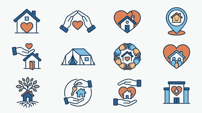 Flat vector icon set for housing charity, homelessness support, and community care featuring houses, hearts, protective hands, shelter tents, family icons, keys, and medical clinic symbols.