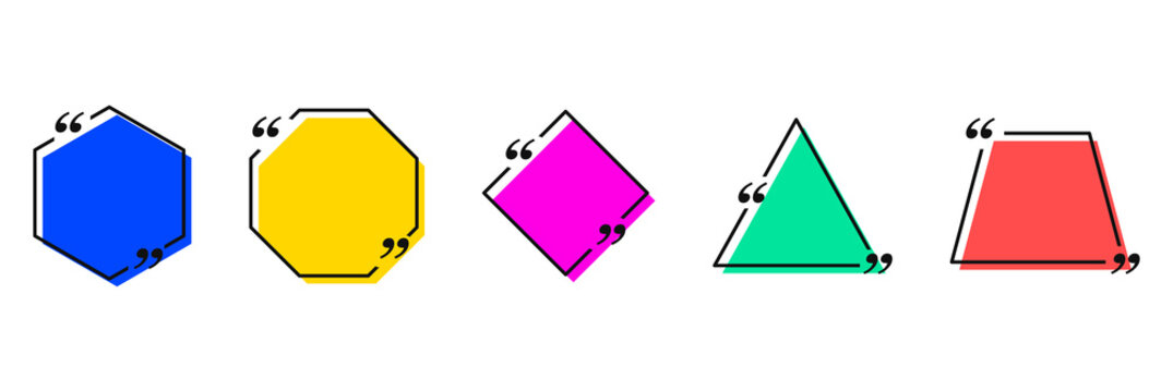 Set of colorful geometric quote frames with quotation marks isolated on transparent background