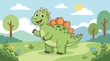 Cute green cartoon dinosaur waving happily in sunny meadow with flowers and trees © Susan