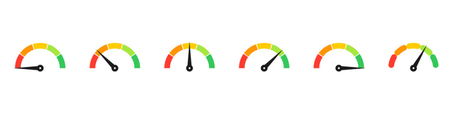 Collection of speedometer gauges with colorcoded segments, progress indicators for performance measurement, flat vector icons isolated on transparent background