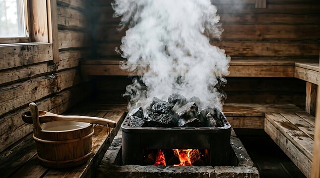 Steaming Sauna Stove with Hot Rocks and Wooden Bucket in Traditional Log Cabin