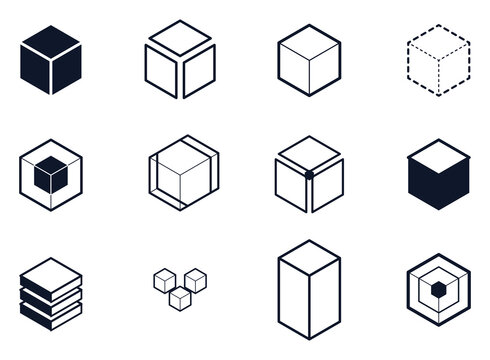 Set of various cube icons, isometric 3d geometric shapes, collection of vector design elements isolated on transparent background