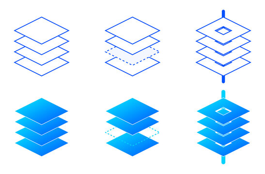 Isometric layers and stack icons, collection of square plate elements, vector design set isolated on transparent background