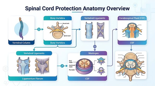 Spinal Cord Protection Anatomy Infographic: Vertebrae, Meninges, and CSF